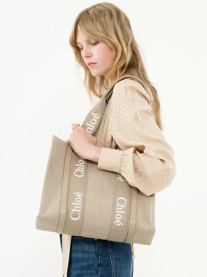 Woody tote-väska i linne och läder Woody tote-väska i linne och läder